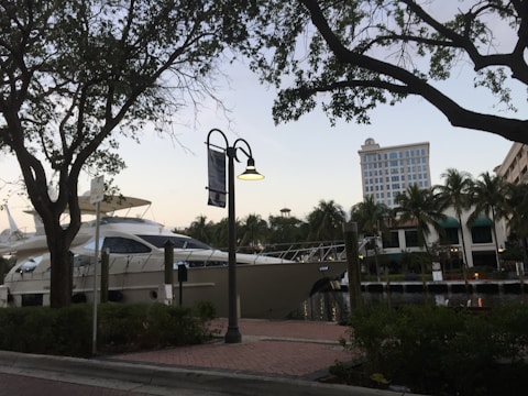 A large yacht is docked at a marina, surrounded by lush palm trees and buildings in the background. The scene is framed by silhouetted branches of nearby trees against a sky transitioning to dusk. A street lamp is mounted on a post along a brick-paved walkway that runs parallel to the water.