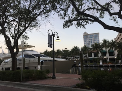 A large yacht is docked at a marina, surrounded by lush palm trees and buildings in the background. The scene is framed by silhouetted branches of nearby trees against a sky transitioning to dusk. A street lamp is mounted on a post along a brick-paved walkway that runs parallel to the water.