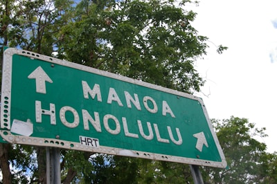 A green road sign with white arrow symbols and text indicating directions to Manoa and Honolulu. The sign is mounted on metal poles with trees and a partially cloudy sky in the background.