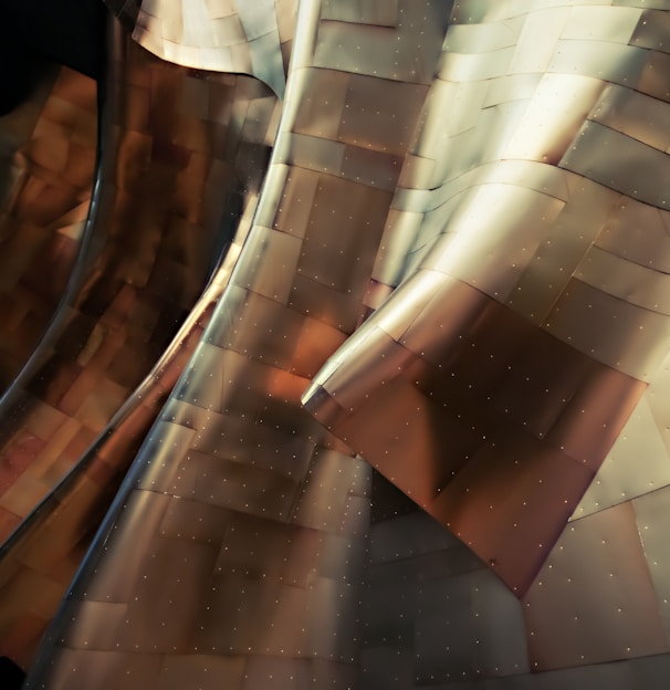 Glossy sheets of metal form abstract shapes in the Experience Music Project Museum