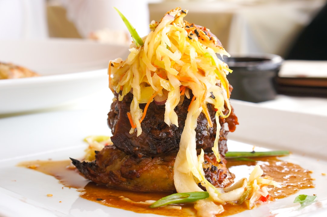 grilled meat with vegetable toppings, Gourmet Meal
