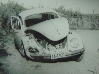 A damaged vintage car with significant frontal impact, evident by the crumpled front hood and visible tire, is stationary on a dirt path. The driver's side door is open, and the surroundings are natural with shrubbery in the background.
