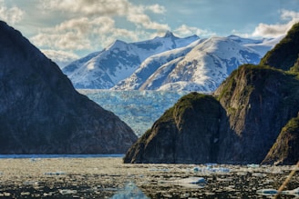 A picturesque landscape featuring snow-capped mountains in the background and rugged cliffs covered in green foliage in the foreground. A glacier spans across the scene, with chunks of ice floating on the calm water below. Fluffy clouds are scattered across a blue sky, enhancing the natural beauty of the serene environment.