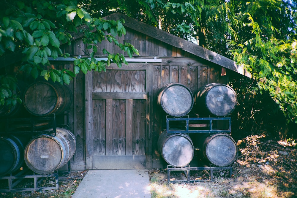 photo of barrels beside house