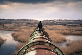 A person in a dark jacket walks along a large, rusty pipeline that stretches into the distance over a marshy landscape. The scene is set under an overcast sky, with sparse vegetation and bare trees surrounding the pipeline.