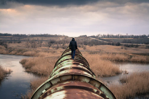 A person in a dark jacket walks along a large, rusty pipeline that stretches into the distance over a marshy landscape. The scene is set under an overcast sky, with sparse vegetation and bare trees surrounding the pipeline.