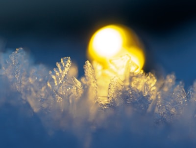 Delicate ice crystals are sharply in focus in the foreground, capturing the intricate patterns and structures. A warm, blurred light glows in the background, contrasting with the cool tones of the ice.