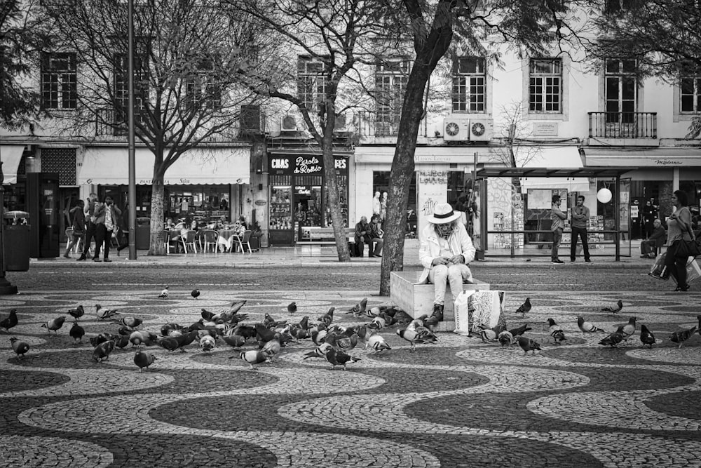 Person, die in der Nähe eines Baumes sitzt und einen Vogel auf einem Graustufenfoto beobachtet