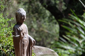 A stone statue of Buddha stands amidst a lush green garden, surrounded by foliage with sunlight casting shadows over it. The statue presents a serene expression with one hand raised in a gesture of blessing or teaching.
