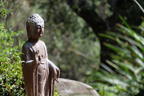 A stone statue of Buddha stands amidst a lush green garden, surrounded by foliage with sunlight casting shadows over it. The statue presents a serene expression with one hand raised in a gesture of blessing or teaching.