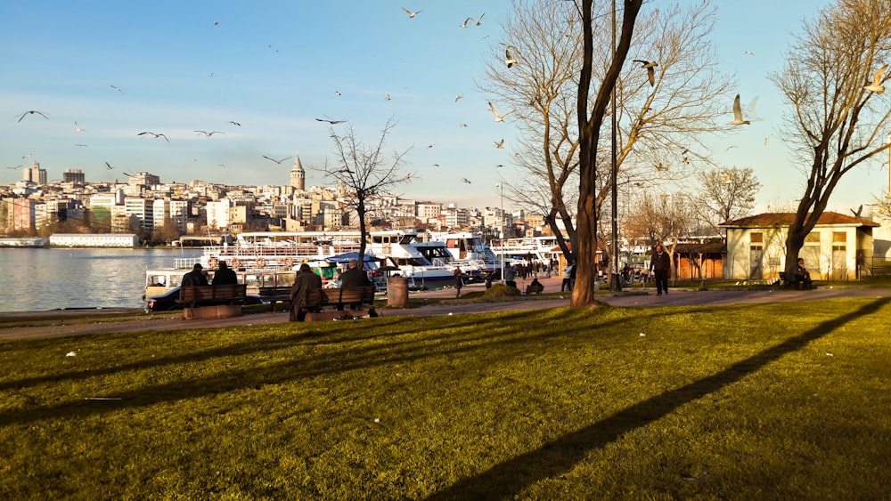 a group of people sitting on a bench next to a river