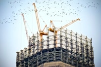 low angle photography of cranes on top of building