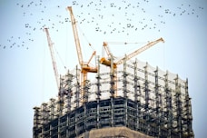 low angle photography of cranes on top of building
