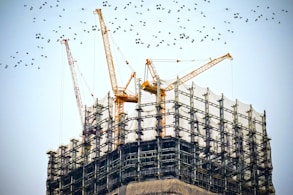 low angle photography of cranes on top of building