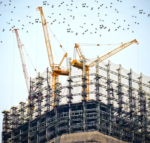 low angle photography of cranes on top of building