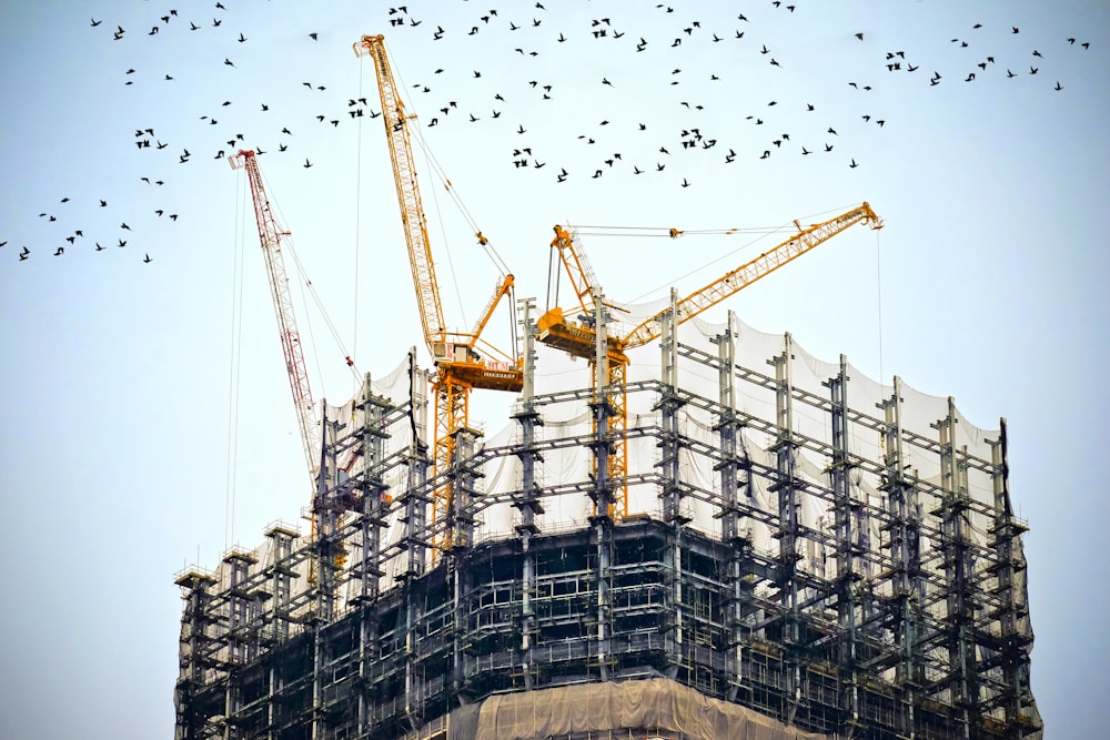 low angle photography of cranes on top of building - enrgia solar na construção civil