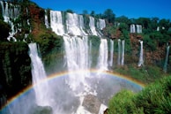 The Iguazu Falls with animated water spray and rainbows arching over the falls.