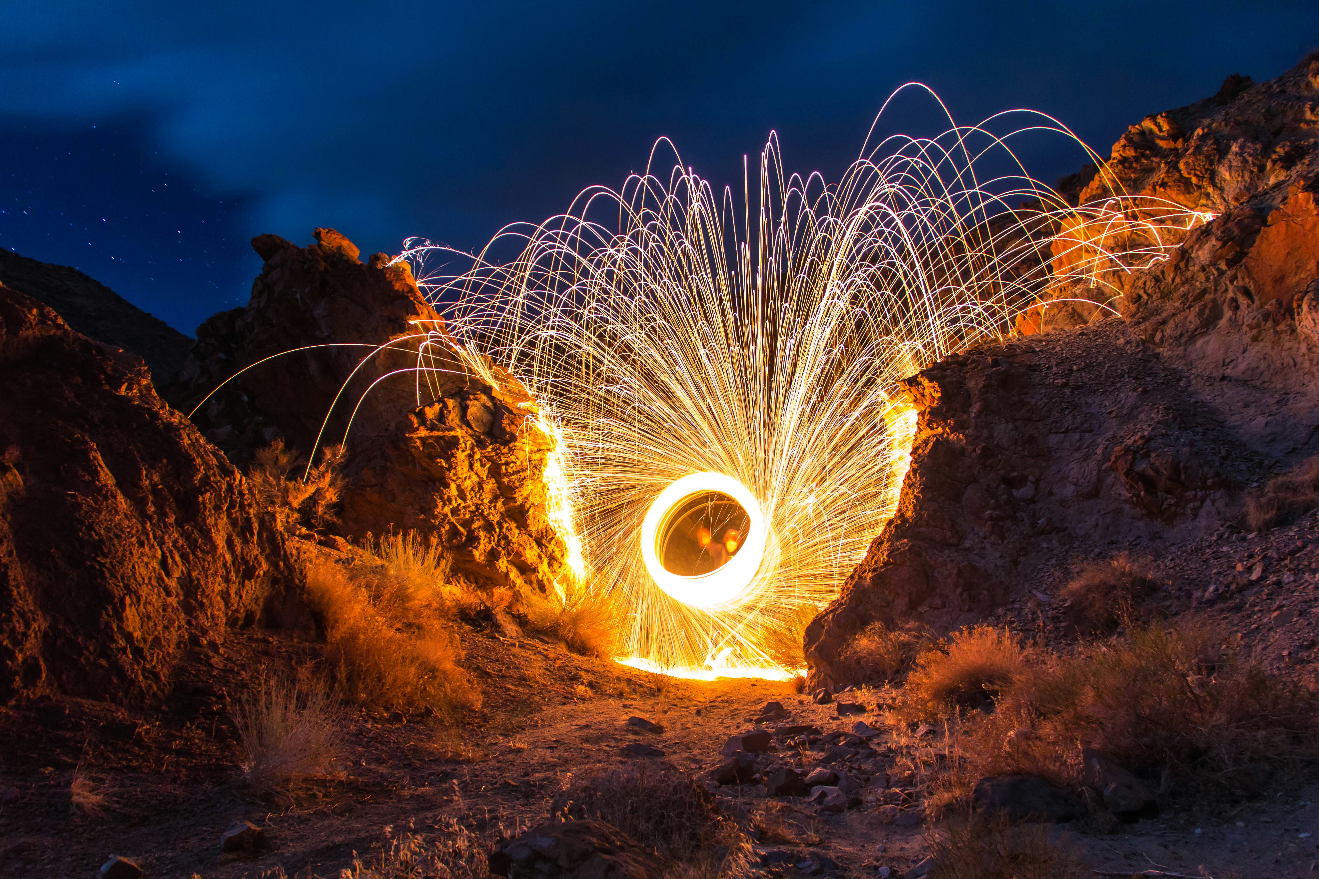 spiral firework in mountains