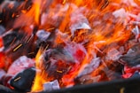 Glowing hot coals with bright orange flames and sparks flying upwards. The coals display a range of red and gray hues, with a dynamic interplay of light and heat.