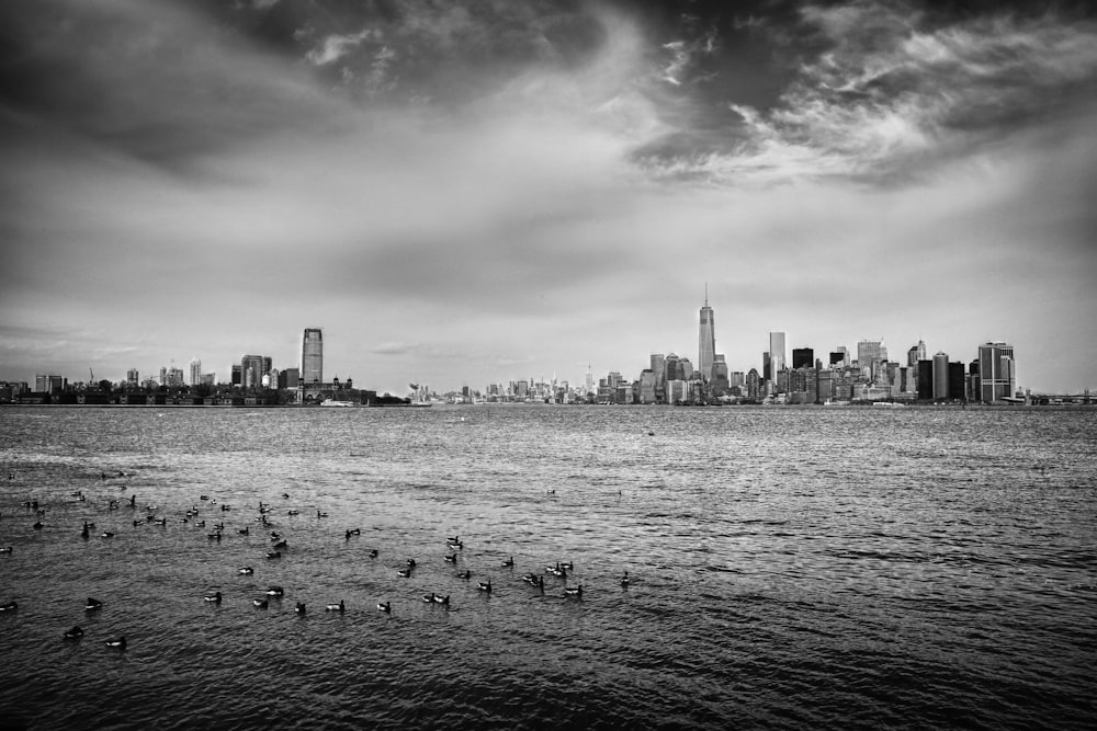 grayscale photo of city skyline