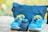 A pair of blue athletic shoes with yellow accents sits on a stone surface next to a camera lens. Behind them, a blue fabric bag is partially visible, suggesting an outdoor or travel setting.
