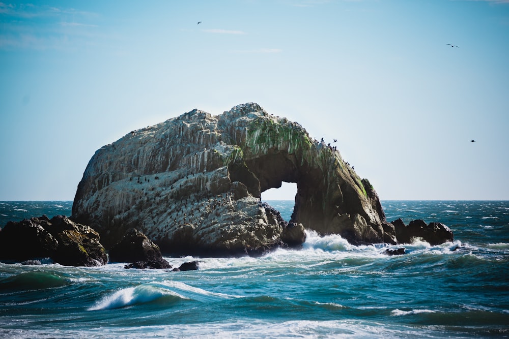 photo of sea wave crashing into boulder