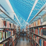 A modern library interior featuring long aisles lined with bookshelves filled with various colorful books. The scene is framed by a high, geometric ceiling with a striking blue pattern. In the center of the aisle, a person is taking a photograph, adding a touch of dynamic presence to the serene environment.