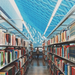 A modern library interior featuring long aisles lined with bookshelves filled with various colorful books. The scene is framed by a high, geometric ceiling with a striking blue pattern. In the center of the aisle, a person is taking a photograph, adding a touch of dynamic presence to the serene environment.