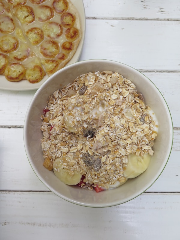 Bowl of fruits topping with cereal