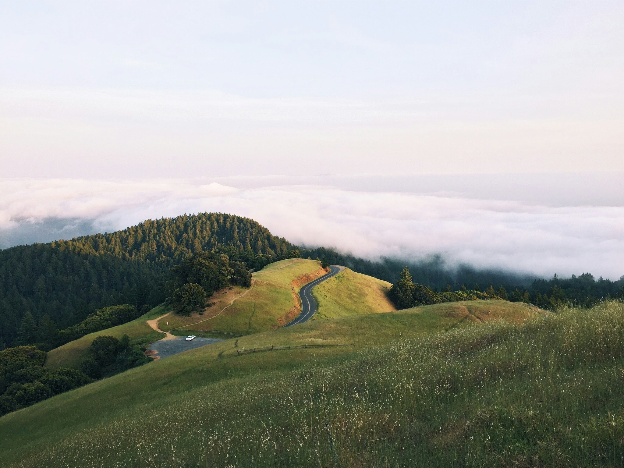 asphalt road between green grass field near mountains