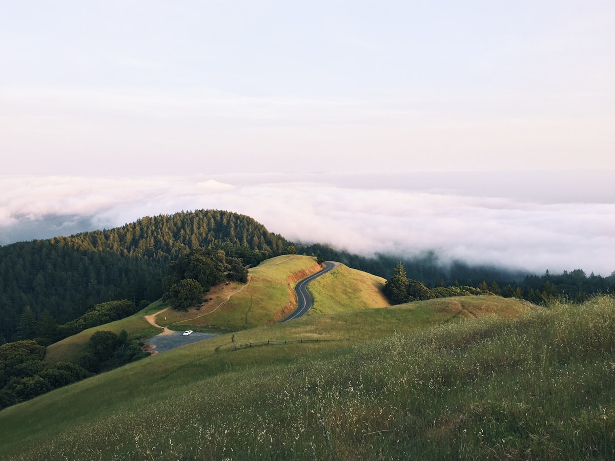 Winding road descending a green ridge above a sea of clouds, the long-view register