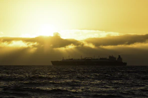 A sleek cargo ship loaded with LPG tanks sailing under a golden sunset.
