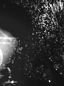 A burst of confetti fills the air, creating a dynamic and festive atmosphere with a mix of light and shadow. Bright lights are visible in the background, enhancing the celebratory mood.