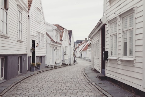 empty roadway in between houses at daytime