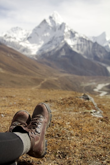 A pair of worn hiking boots are resting on a grassy mountain terrain with a towering, snow-covered mountain range in the background under a cloudy sky.