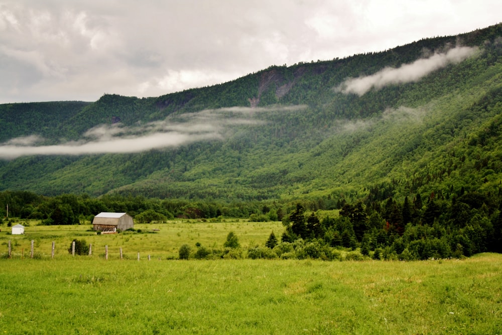 Casa marrom perto do pico da montanha