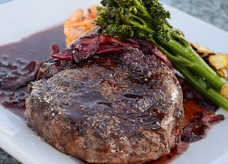 close-up photo of cooked food on square white plate