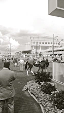 A vibrant scene of a live horse race being streamed with enthusiastic viewers