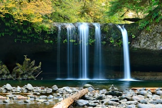 long-exposure photo of lake with waterfall at daytime