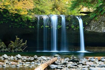 long-exposure photo of lake with waterfall at daytime waterfall zoom background