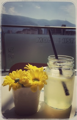 A mason jar filled with lemonade and a black straw is placed next to a white pot containing bright yellow flowers. The scene is set on a table with a backdrop of a cityscape and mountains in the distance, framed by a clear blue sky.