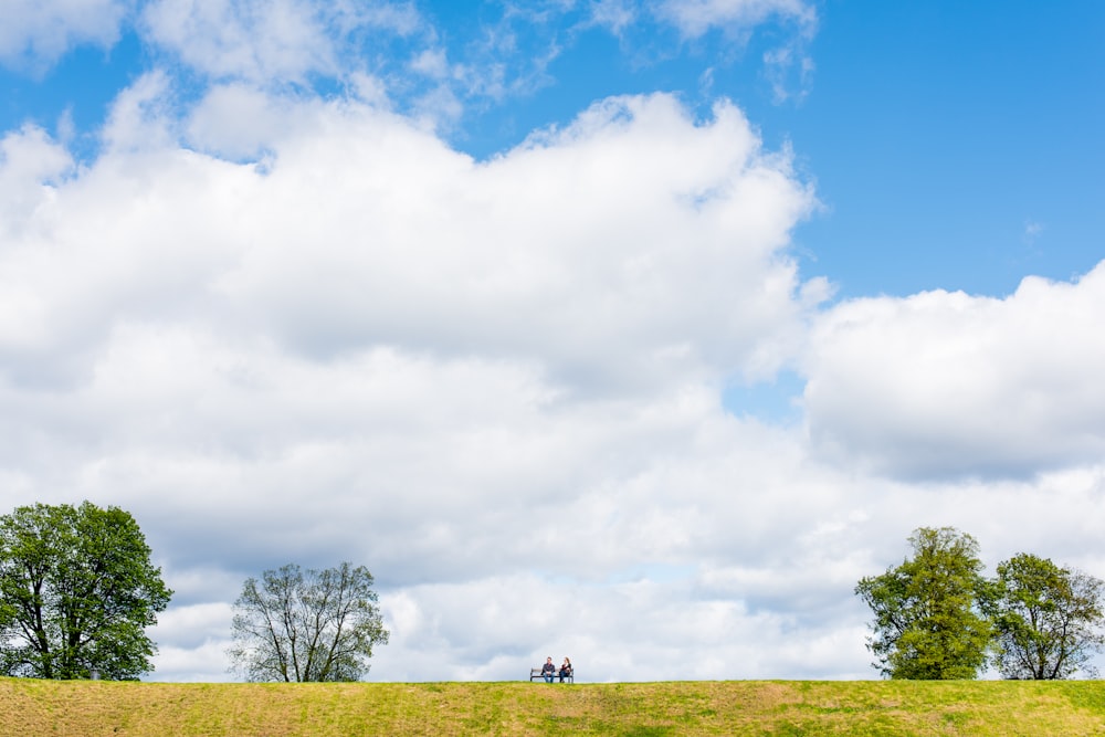 zwei Personen sitzen tagsüber auf einer Bank zwischen vier hohen grünen Bäumen unter weißen Wolken