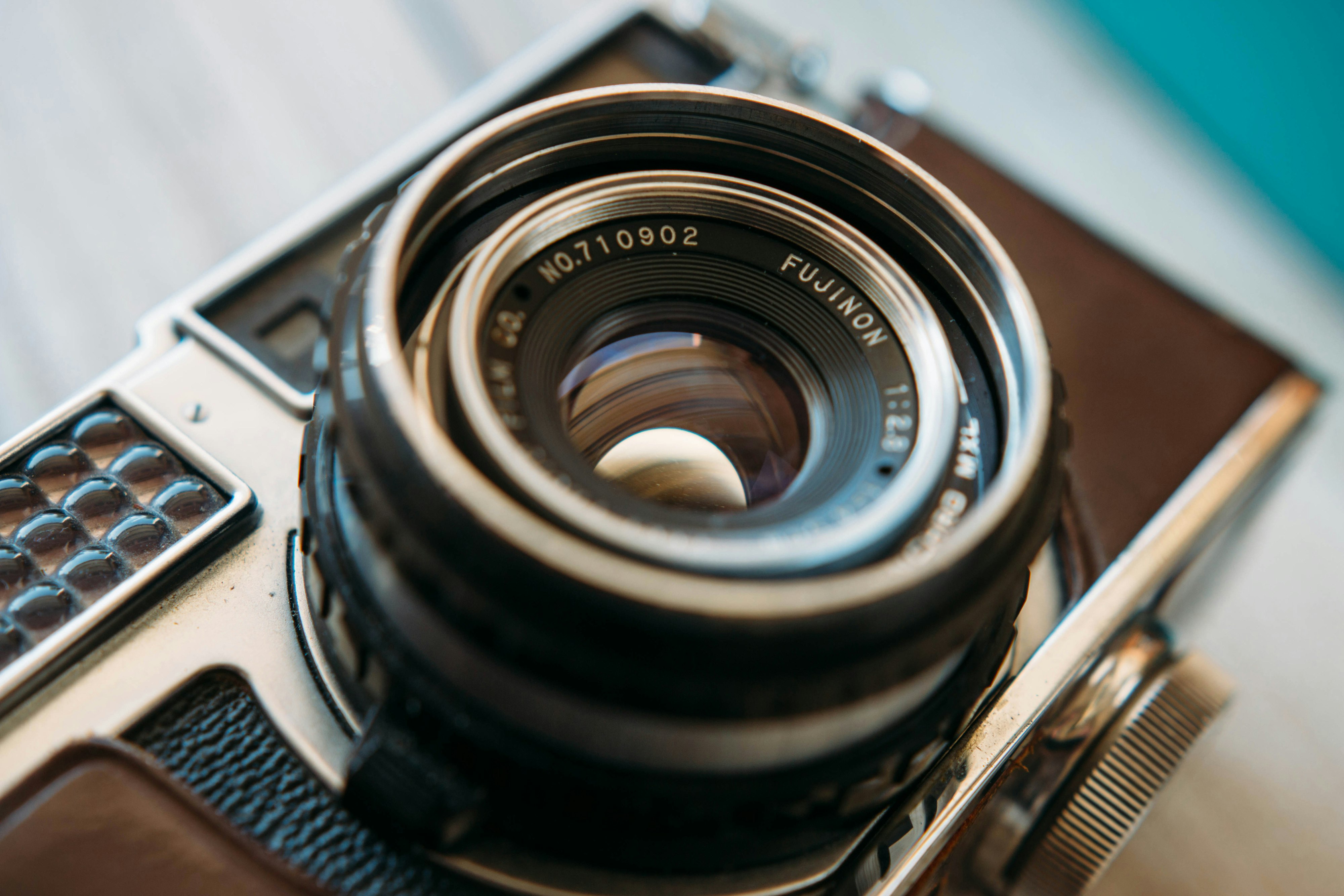 close-up photography of an old film camera