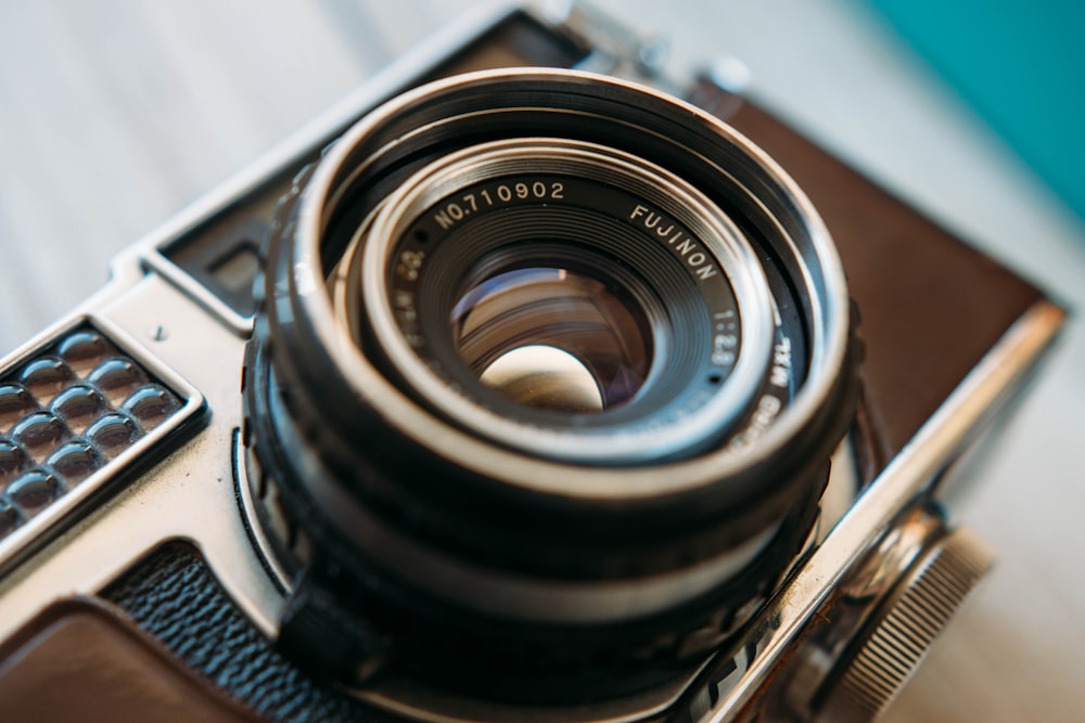 close-up photography of an old film camera