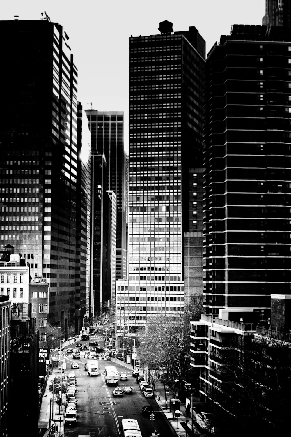 grayscale photo of high-rise buildings