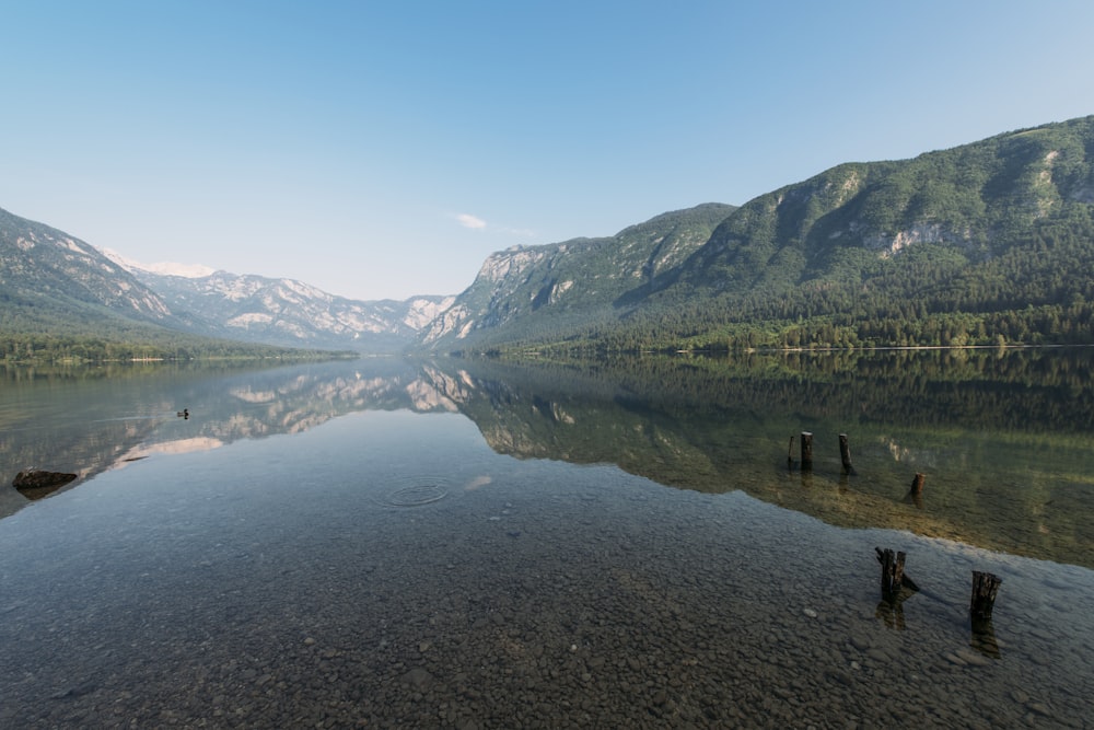 landscape photography of lake surrounded by mountains