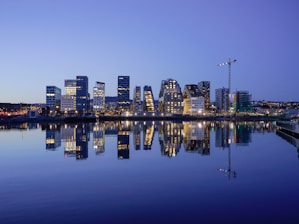 cityscape by water during golden hour