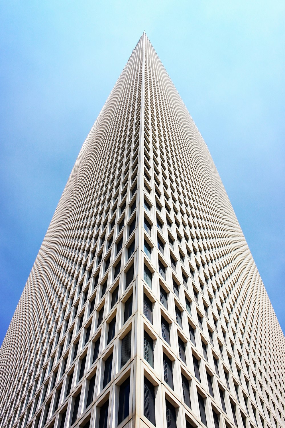 Foto arquitectónica y de ángulo bajo de un edificio blanco de gran altura