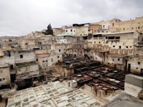 An array of circular, stone-lined pits are filled with various liquids in a traditional leather tannery. These tanneries are surrounded by old, weathered buildings made of stone and bricks, with some rooftops visible. Pieces of animal hides are draped on the walls and rooftops to dry, and the scene looks busy and industrial.