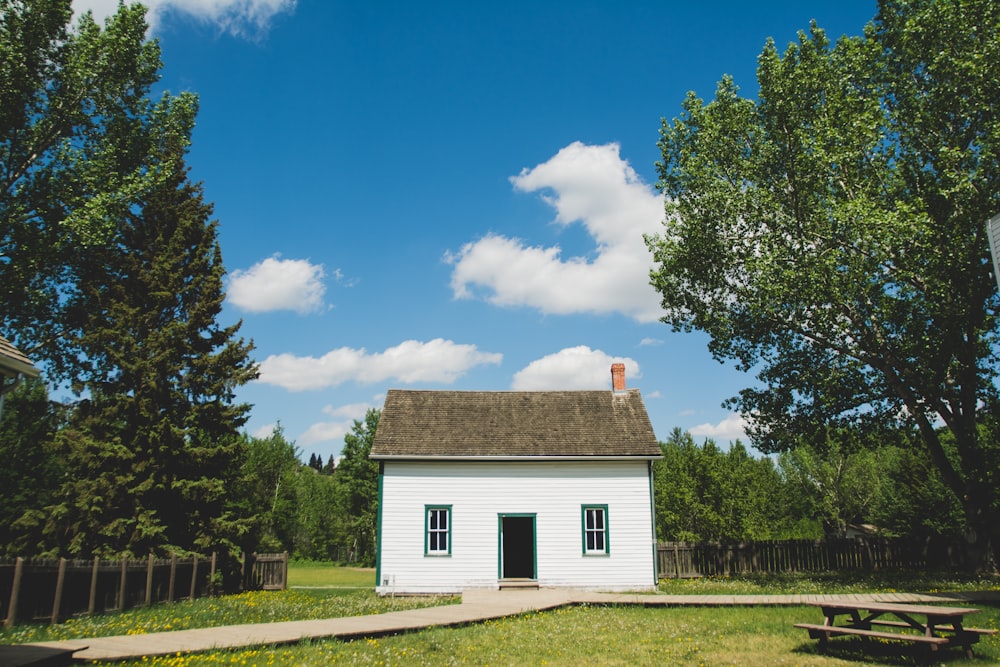 Maison en bois blanc entre les arbres